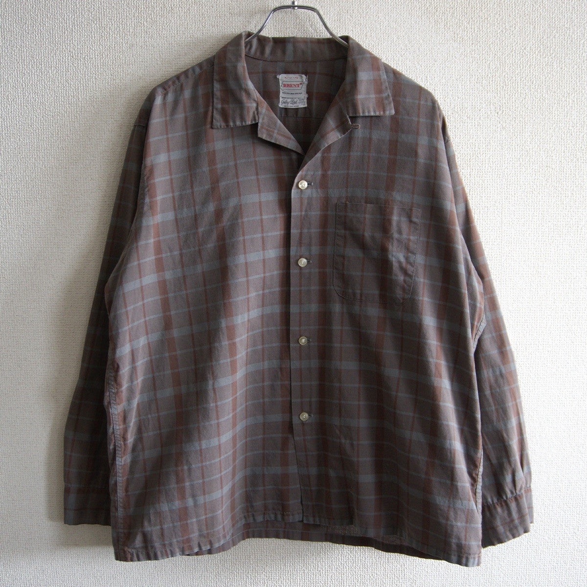 BRENT 60s Vintage Open Collar Cotton Check Shirt Size XL