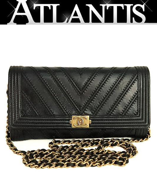 CHANEL Boy Chanel Chevron Lambskin Black Wallet