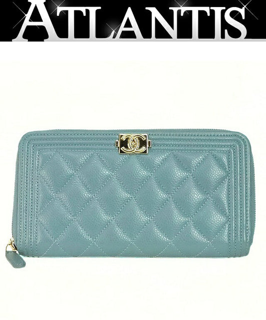 CHANEL Boy Chanel Caviar Round Light Blue Long Wallet
