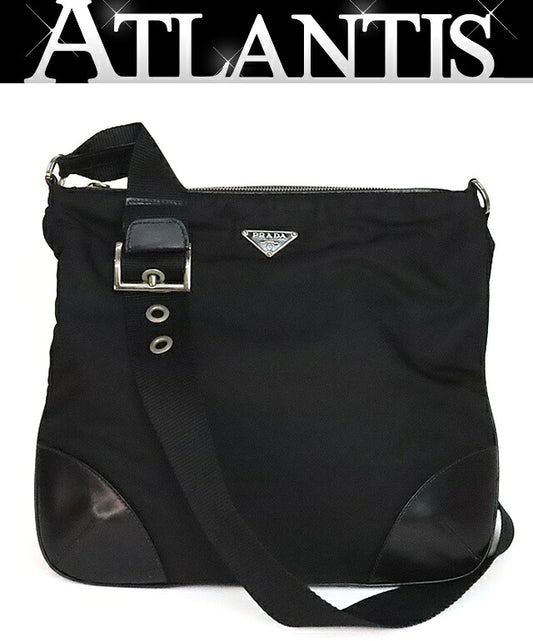PRADA Triangle Logo Nylon Leather Shoulder Bag Black