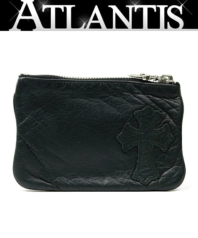 CHROME HEARTS Zipper Cross Patch Leather Coin Wallet Black
