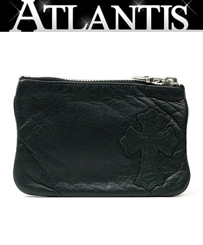 CHROME HEARTS Zipper Cross Patch Leather Coin Wallet Black
