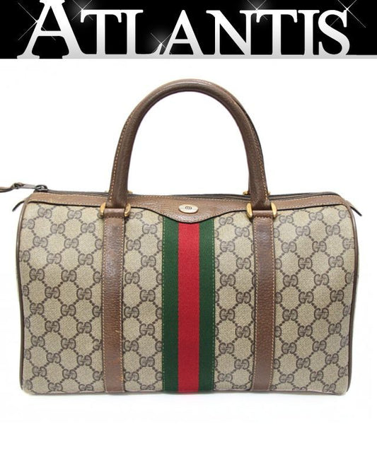 GUCCI Old Gucci Sherry Line PVC Leather Boston Beige Brown