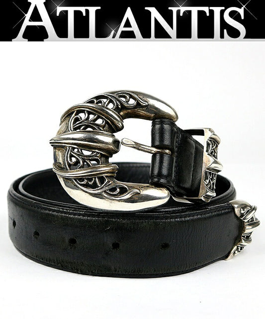 CHROME HEARTS 3PC Talon Silver Leather Belt Black Size 32