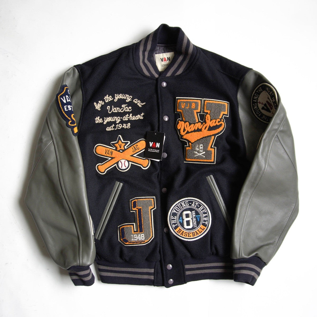 VAN JAC Leather Sleeve Patch Varsity Jacket Size LL