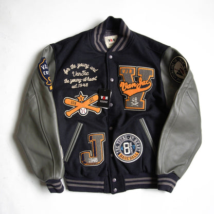 VAN JAC Leather Sleeve Patch Varsity Jacket Size LL
