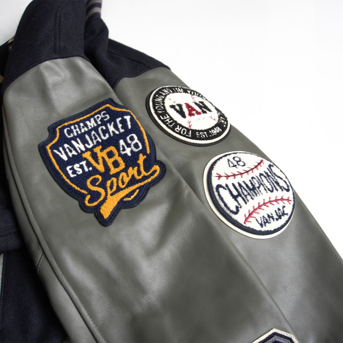 VAN JAC Leather Sleeve Patch Varsity Jacket Size LL
