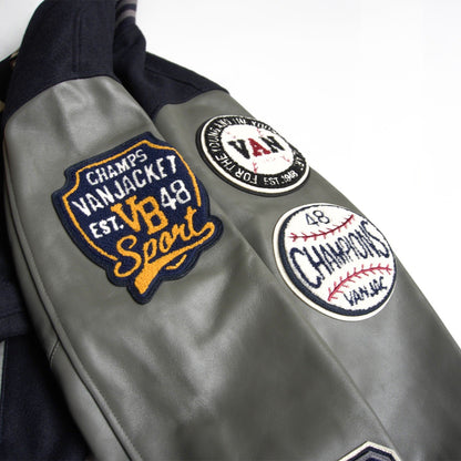 VAN JAC Leather Sleeve Patch Varsity Jacket Size LL