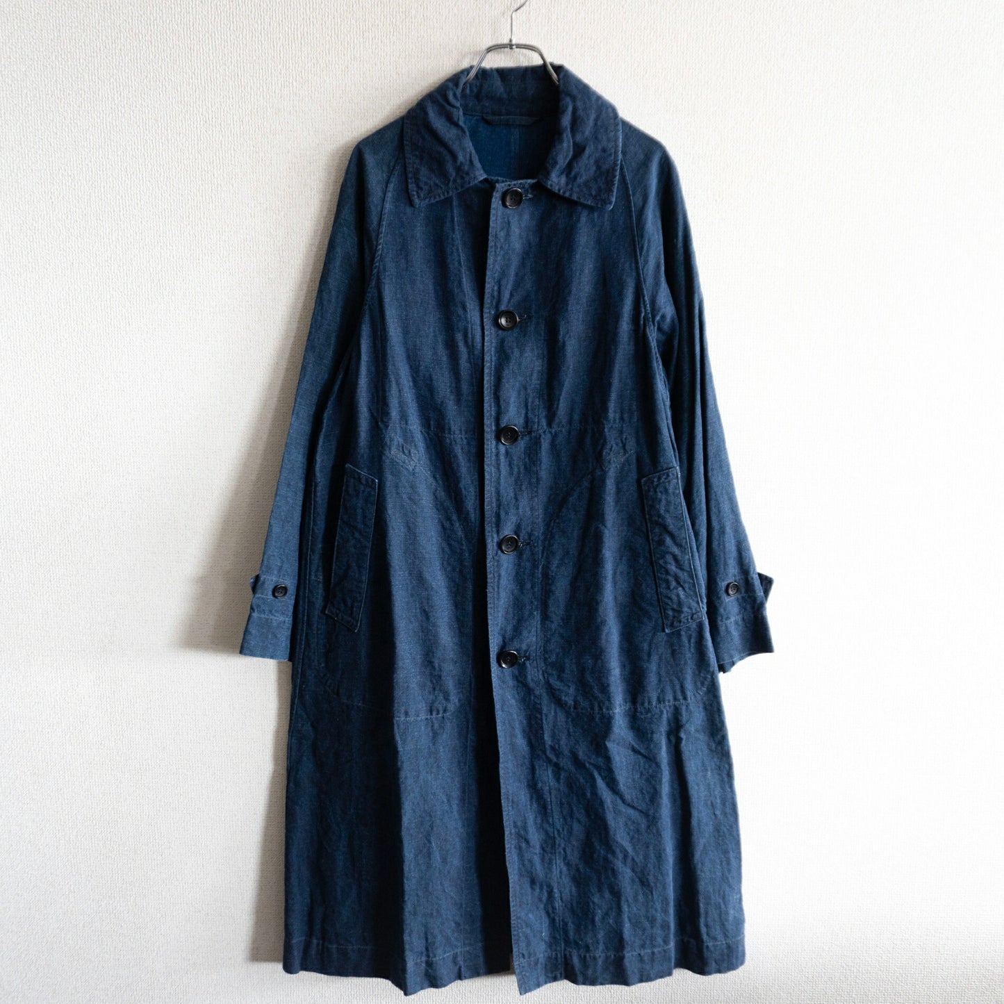 45R Indigo Linen 908 Balmacaan Coat Size S
