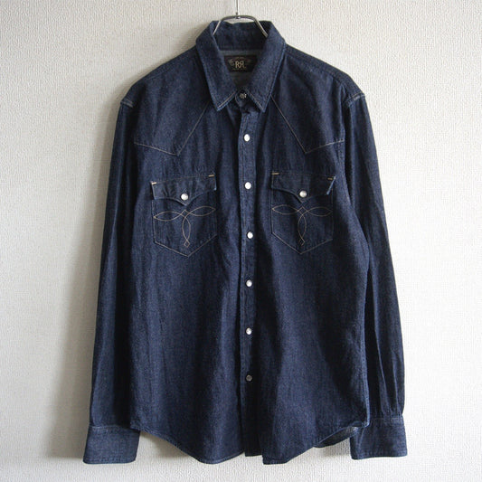 RRL Indigo Buffalo Denim Western Shirt Concho Buttons Size L