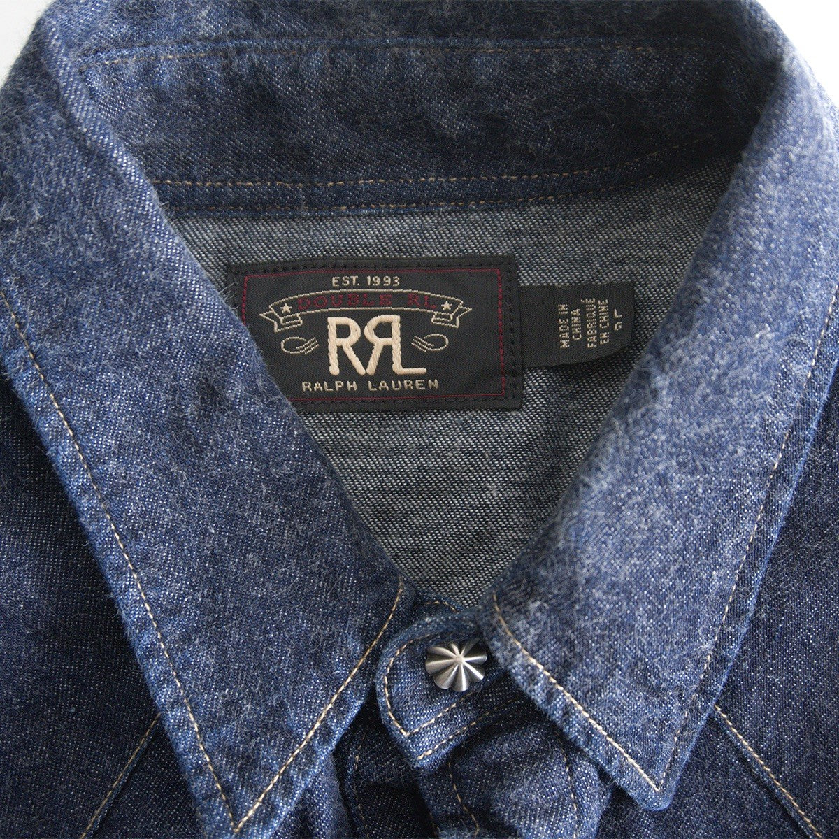 RRL Indigo Buffalo Denim Western Shirt Concho Buttons Size L