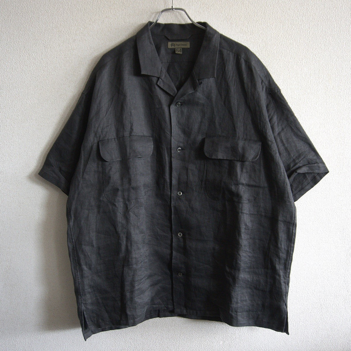 NIGEL CABOURN Black Linen Twill Open Collar Shirt Size XXL