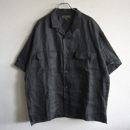NIGEL CABOURN Black Linen Twill Open Collar Shirt Size XXL