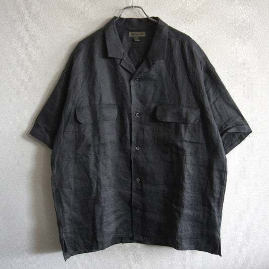 NIGEL CABOURN Black Linen Twill Open Collar Shirt Size XXL