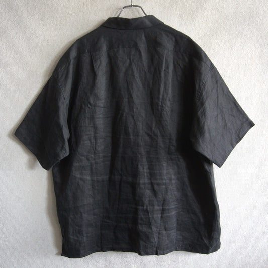 NIGEL CABOURN Black Linen Twill Open Collar Shirt Size XXL