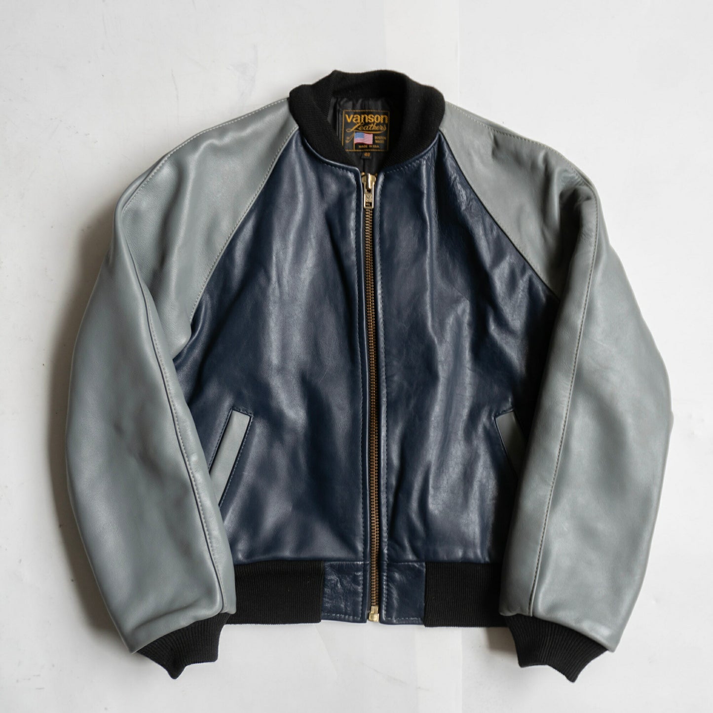 VANSON TJV USA All Leather Varsity Jacket Gray/Navy Size XXS