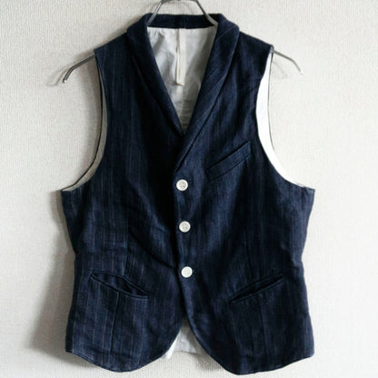 bergfabel Italy Linen Cotton Stripe Farmer Vest Navy Size S