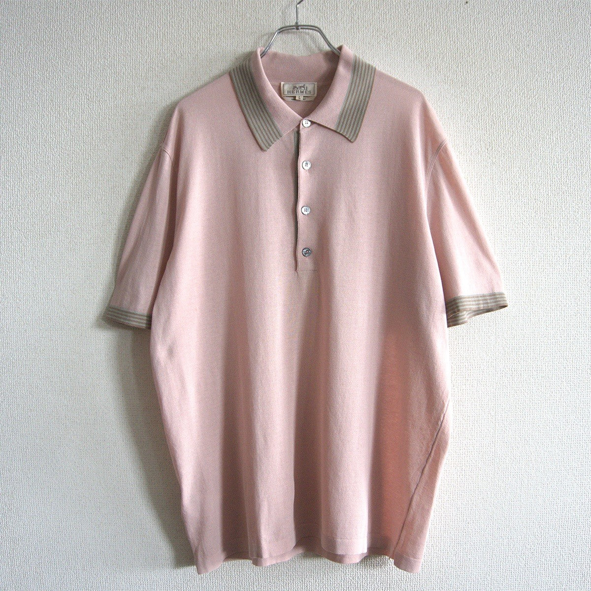 HERMES Cotton Knit Polo Shirt Pink Made in Italy Size L