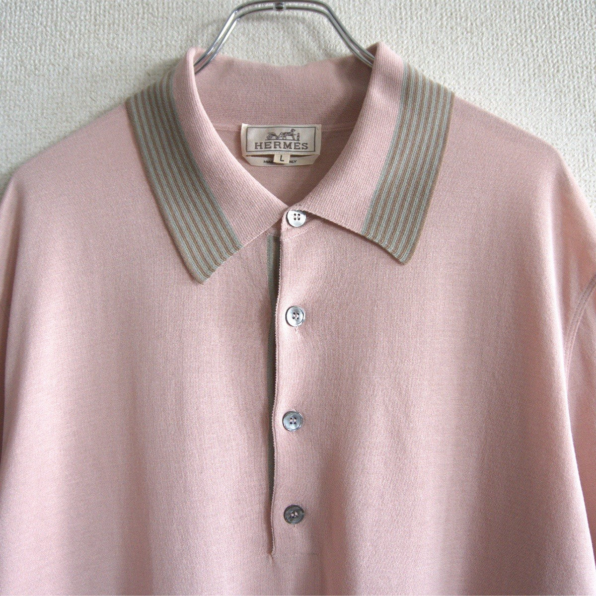 HERMES Cotton Knit Polo Shirt Pink Made in Italy Size L