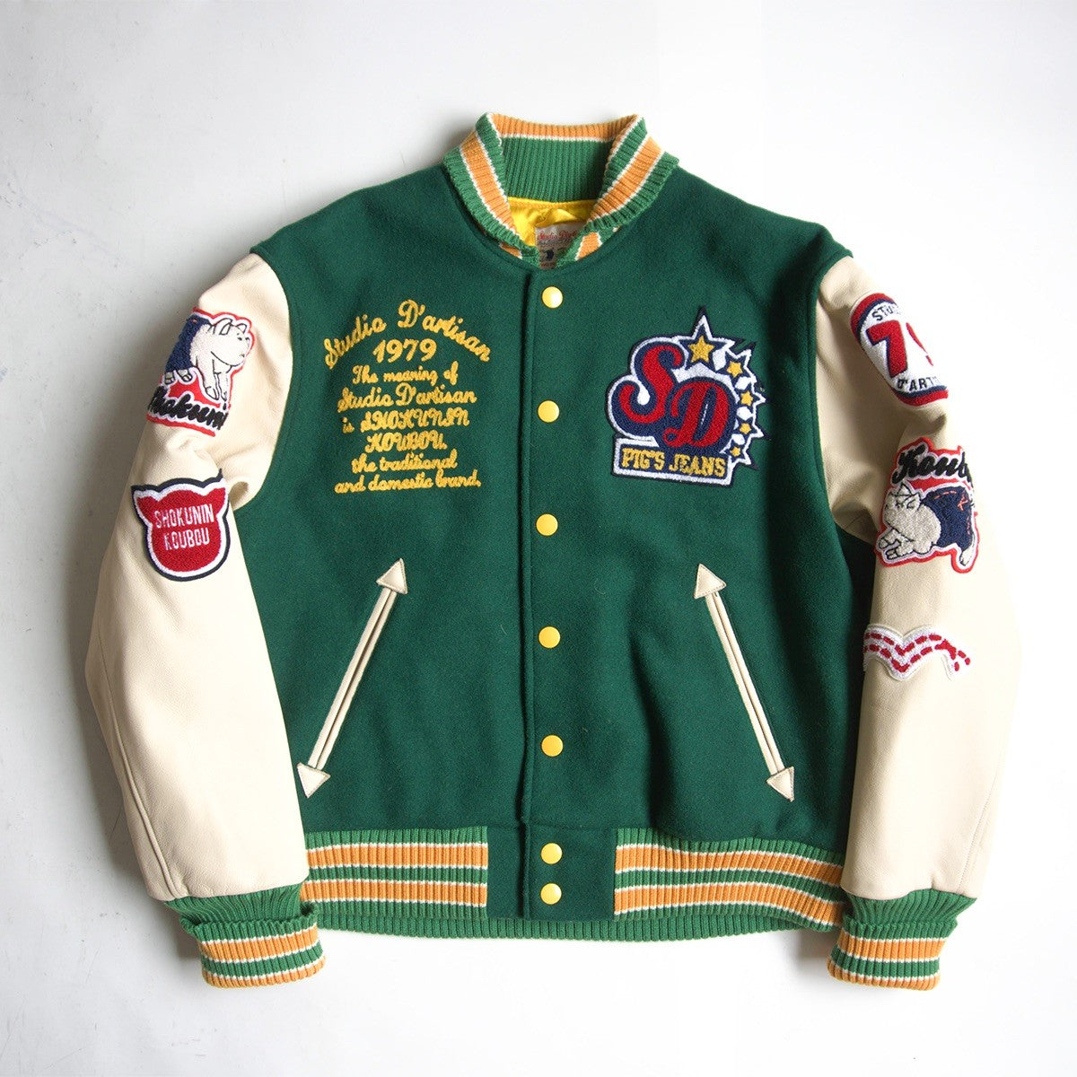 STUDIO D'ARTISAN Leather Sleeve Varsity Jacket Size LL