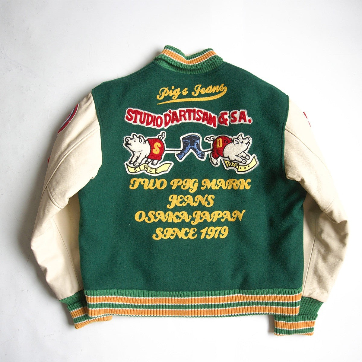 STUDIO D'ARTISAN Leather Sleeve Varsity Jacket Size LL
