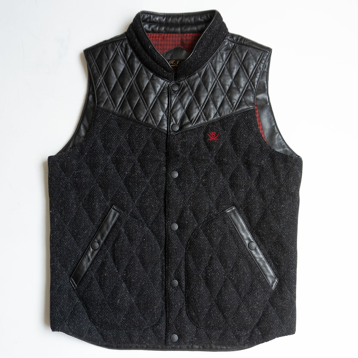 THE FLAT HEAD x Harris Tweed Leather Paneled Vest Size 40