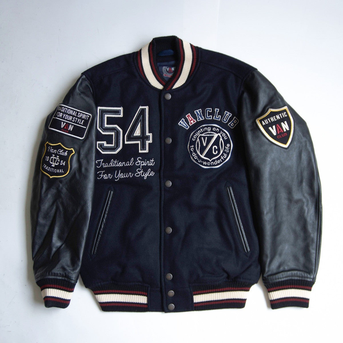 VAN CLUB Leather Sleeve Varsity Jacket Black Size M