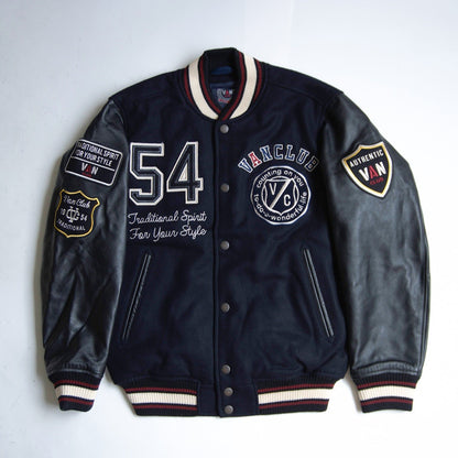 VAN CLUB Leather Sleeve Varsity Jacket Black Size M