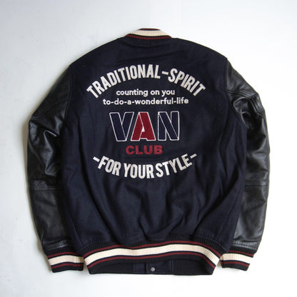 VAN CLUB Leather Sleeve Varsity Jacket Black Size M