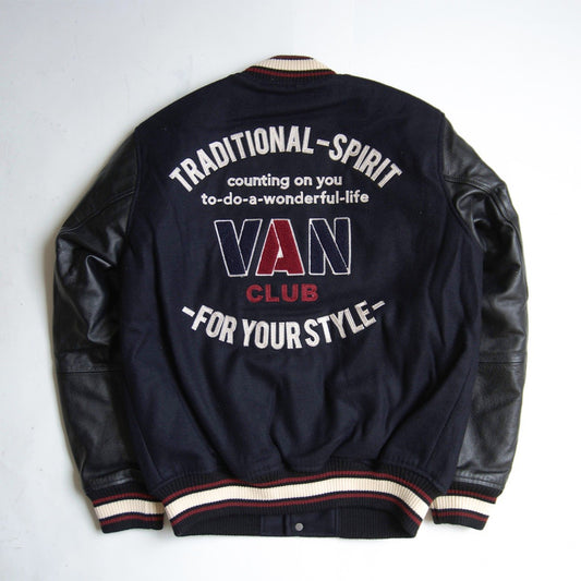 VAN CLUB Leather Sleeve Varsity Jacket Black Size M