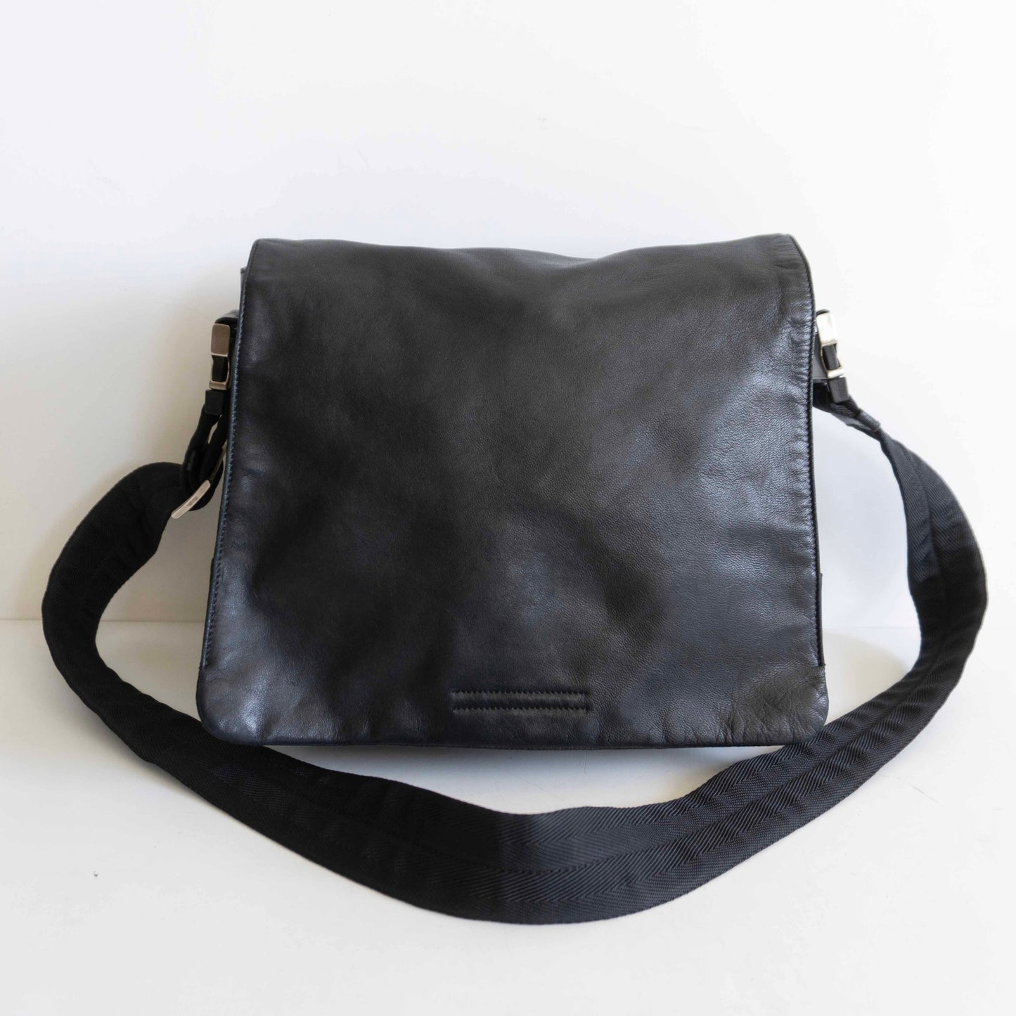 PRADA Leather Nylon Flap Shoulder Bag Black Size ONE SIZE