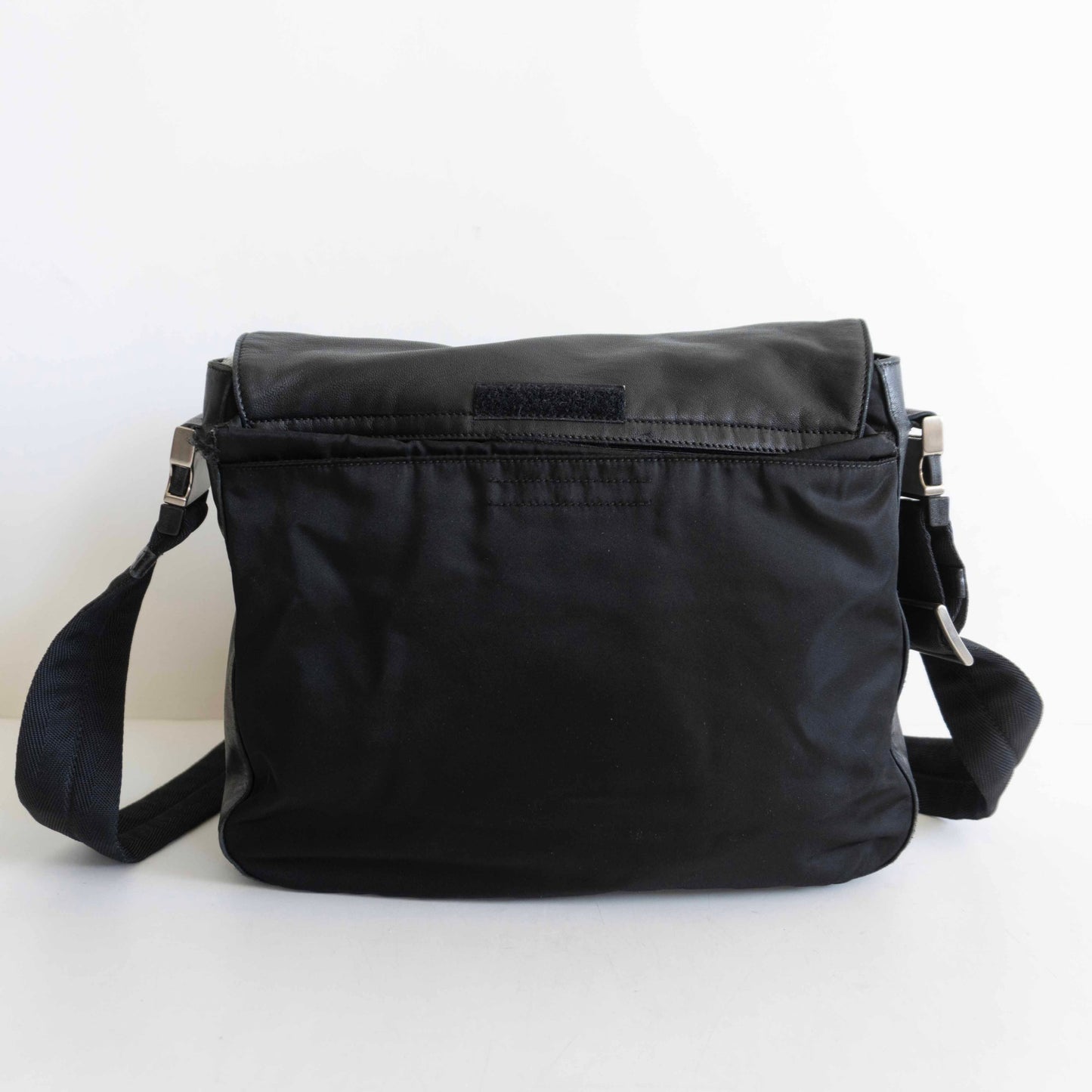 PRADA Leather Nylon Flap Shoulder Bag Black Size ONE SIZE