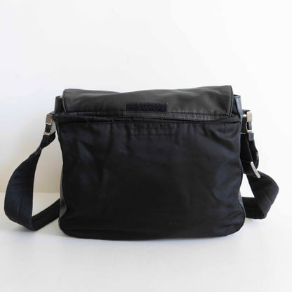 PRADA Leather Nylon Flap Shoulder Bag Black Size ONE SIZE