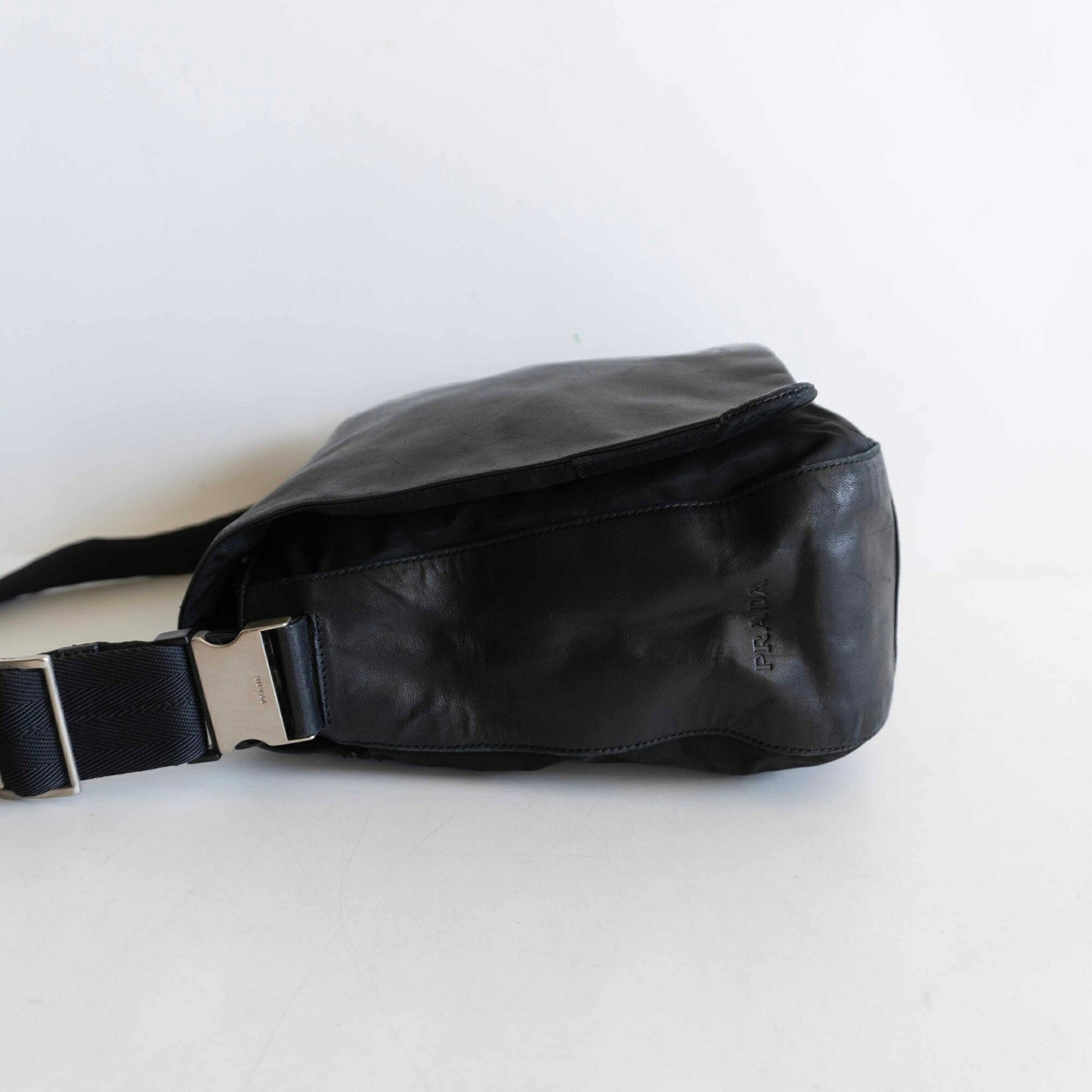 PRADA Leather Nylon Flap Shoulder Bag Black Size ONE SIZE