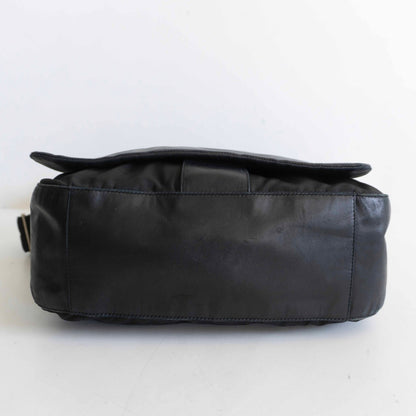 PRADA Leather Nylon Flap Shoulder Bag Black Size ONE SIZE