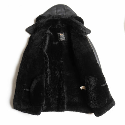 ALPHA INDUSTRIES. Hooded Shearling Jacket Black Size L