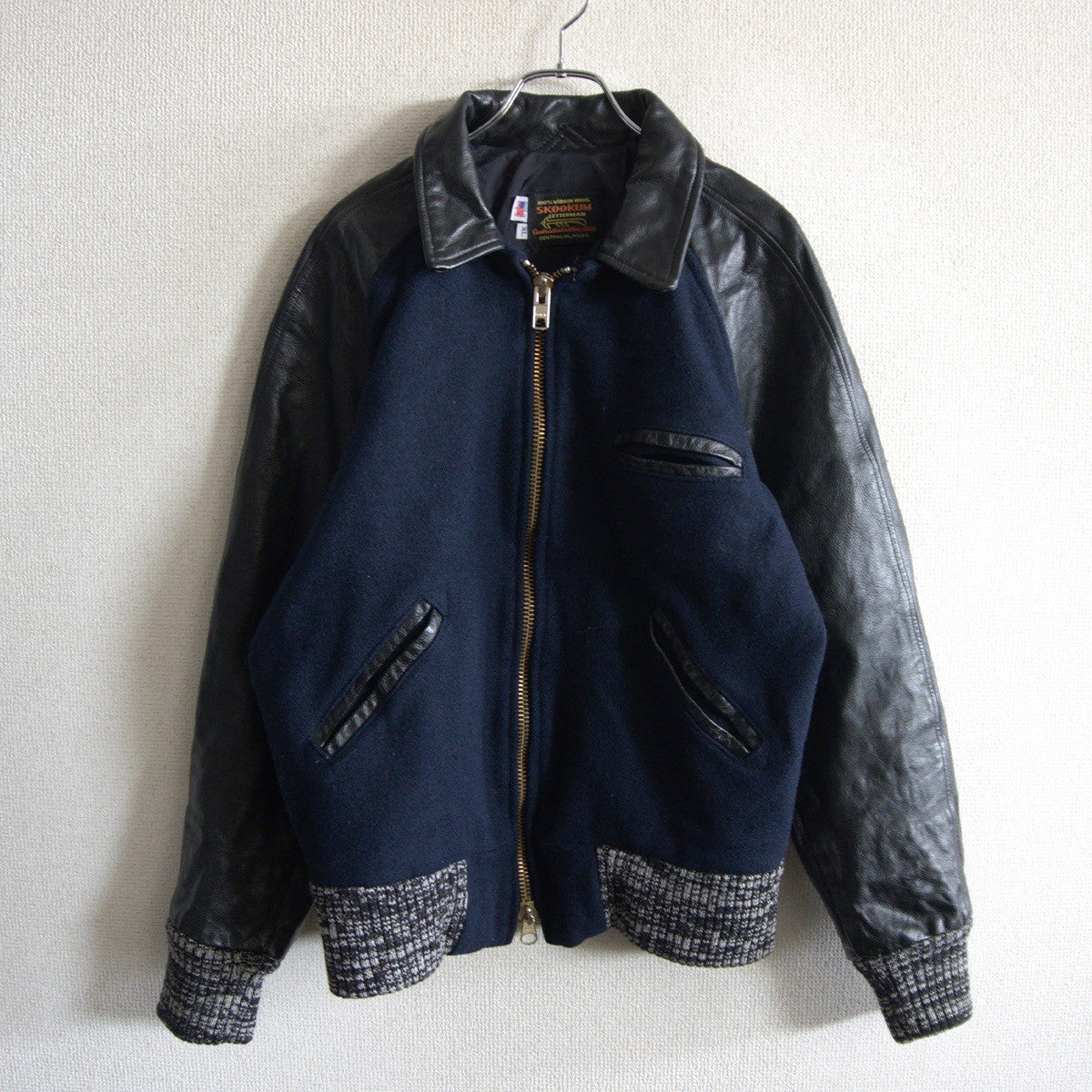 SKOOKUM Melton Leather Varsity Jacket Navy Size XL