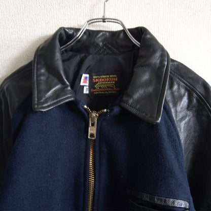 SKOOKUM Melton Leather Varsity Jacket Navy Size XL