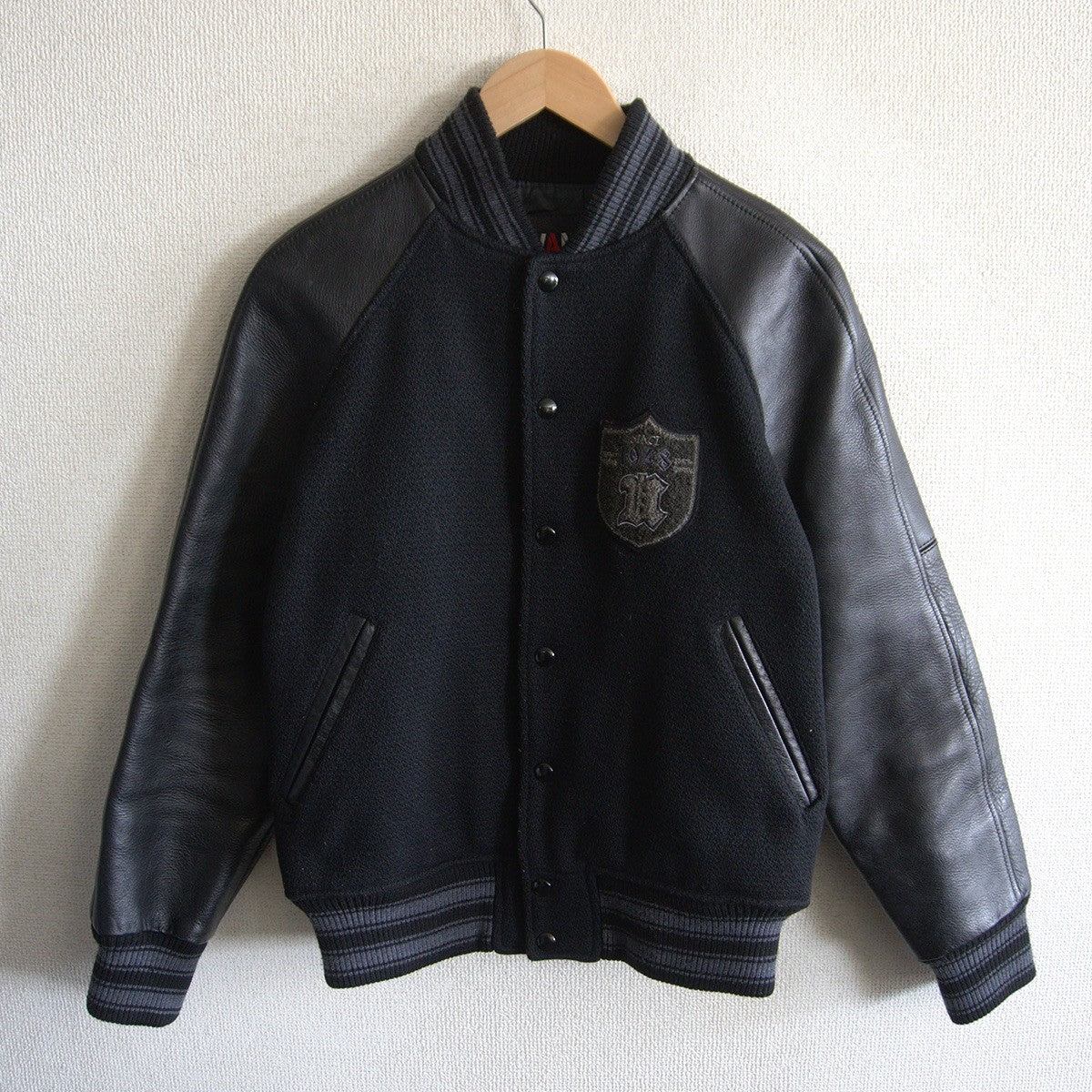 VAN JAC Black Sleeve Leather Varsity Jacket Size M