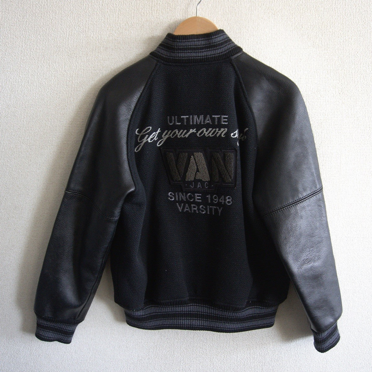 VAN JAC Black Sleeve Leather Varsity Jacket Size M