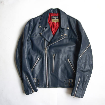 UK 666 Steerhide Side Belt Double Riders Jacket Navy Size 38