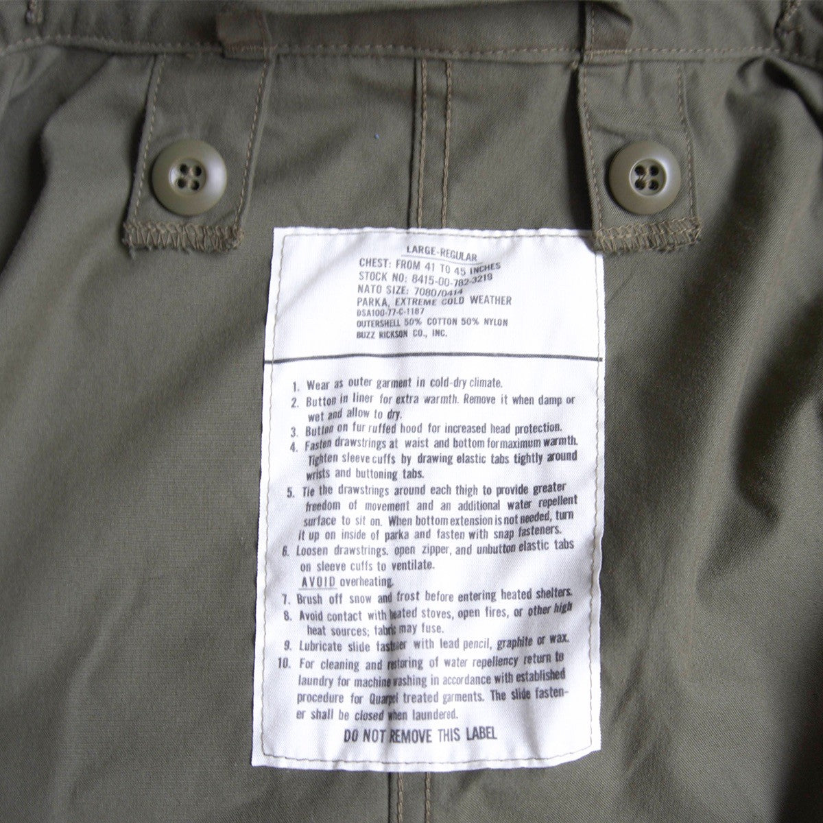 BUZZ RICKSON BR14719 Type M-65 No Hood Parka Size LARGE