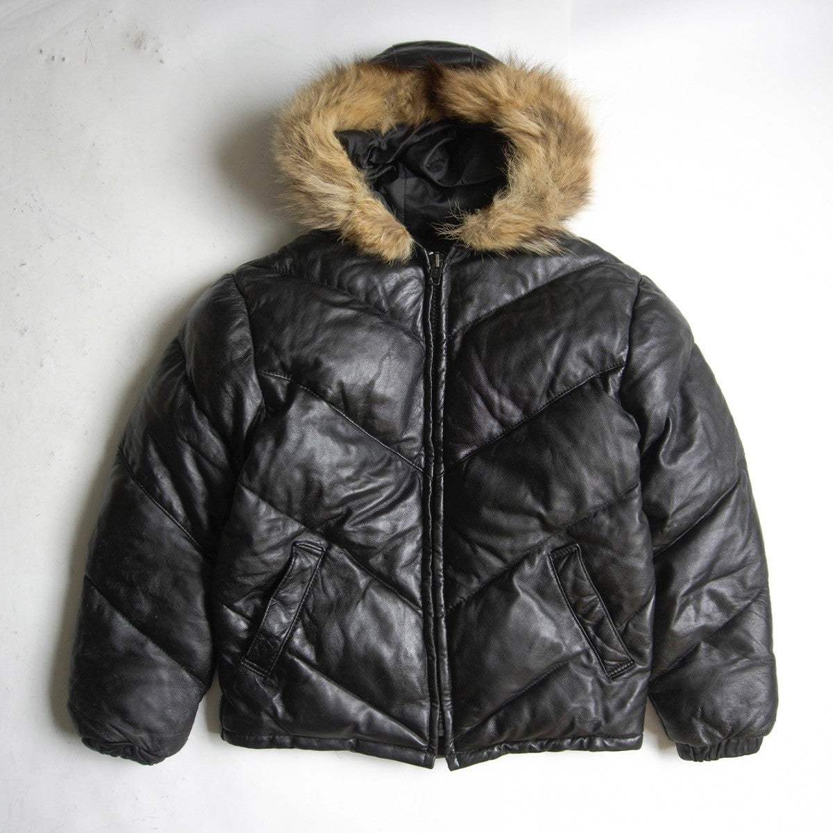 SCHOTT Leather Coyote Fur Down Jacket Black Size 38