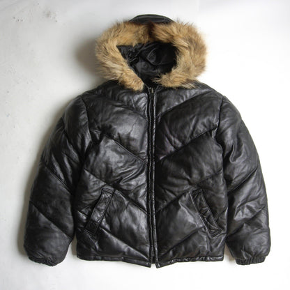SCHOTT Leather Coyote Fur Down Jacket Black Size 38