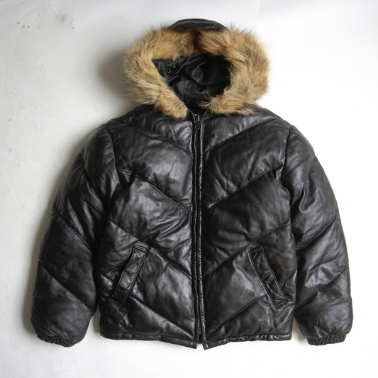SCHOTT Leather Coyote Fur Down Jacket Black Size 38