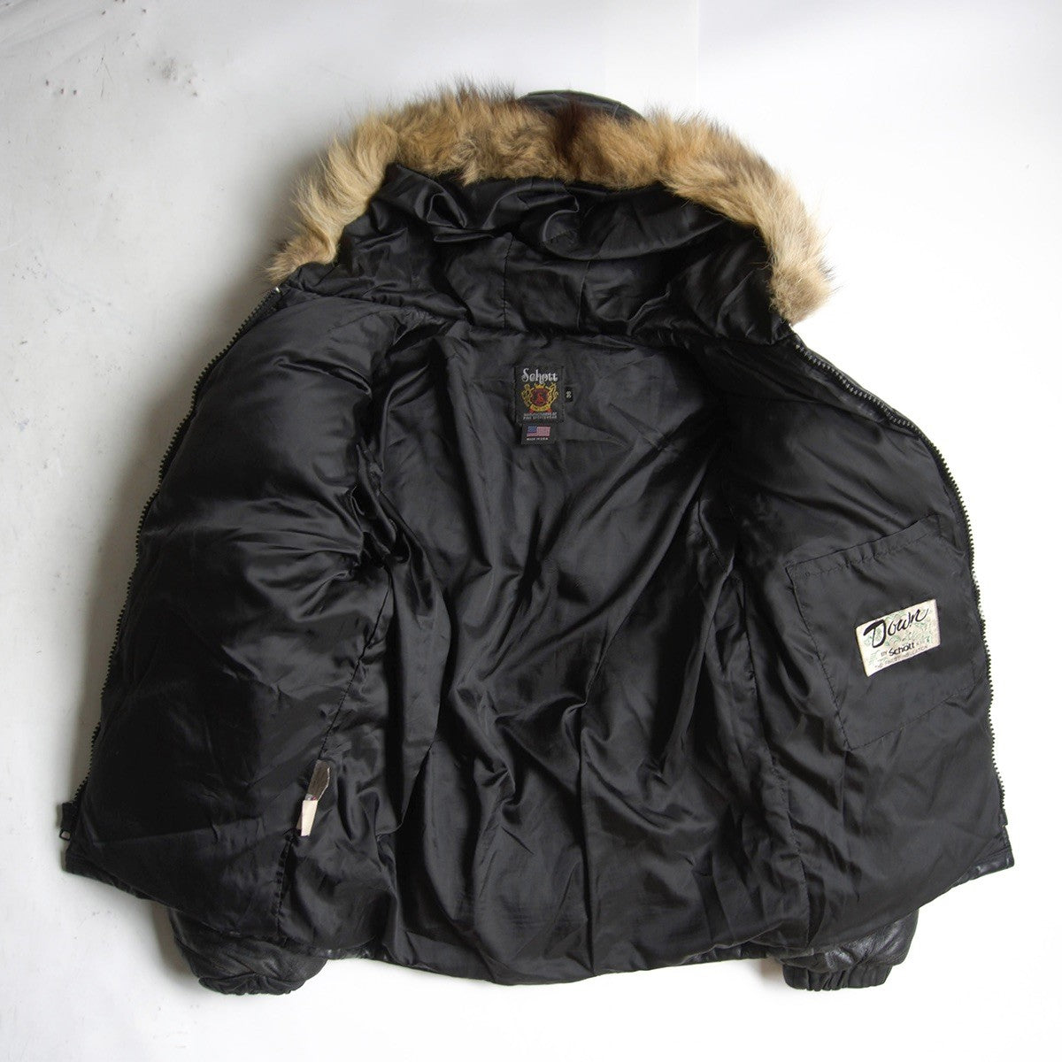 SCHOTT Leather Coyote Fur Down Jacket Black Size 38
