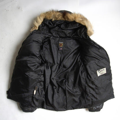 SCHOTT Leather Coyote Fur Down Jacket Black Size 38