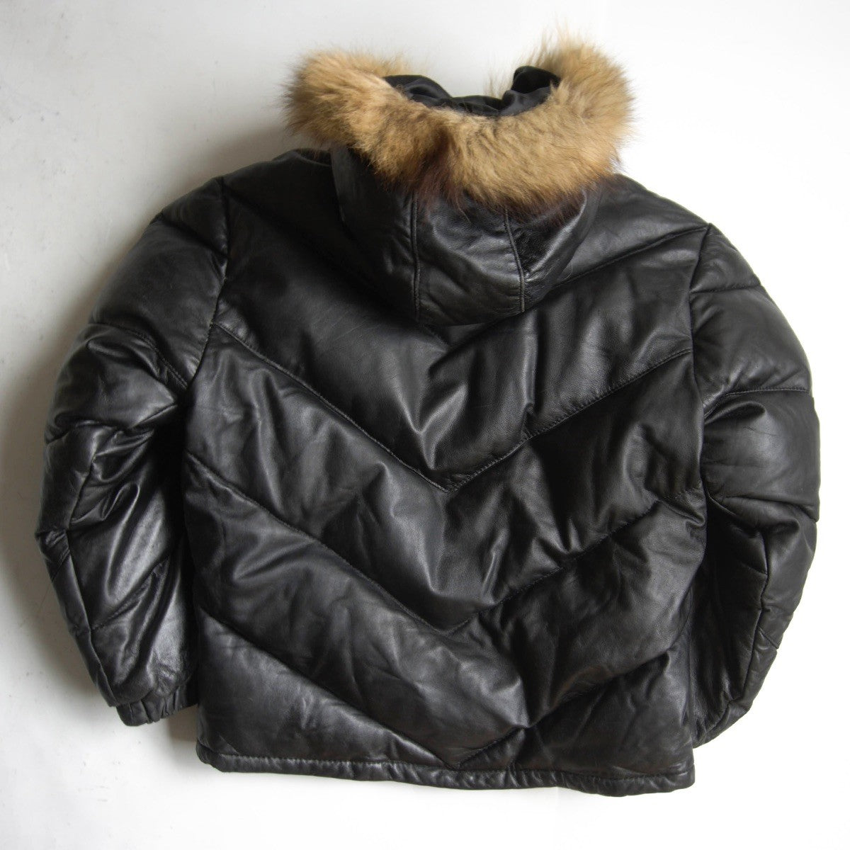 SCHOTT Leather Coyote Fur Down Jacket Black Size 38