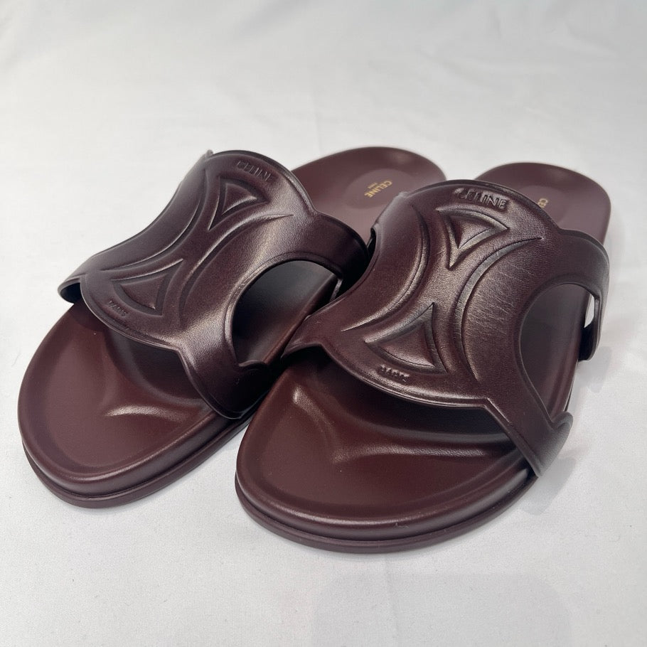 CELINE Triomphe Leather Slide Sandals Brown Size 39