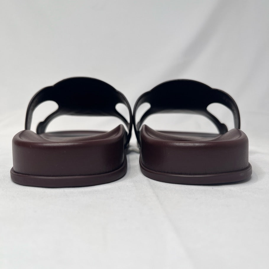 CELINE Triomphe Leather Slide Sandals Brown Size 39